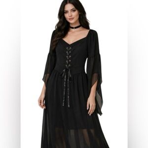 Lace-Up Corset Style Maxi Dress Whimsigoth Fairy Grunge XL Overlay Bell Sleeve